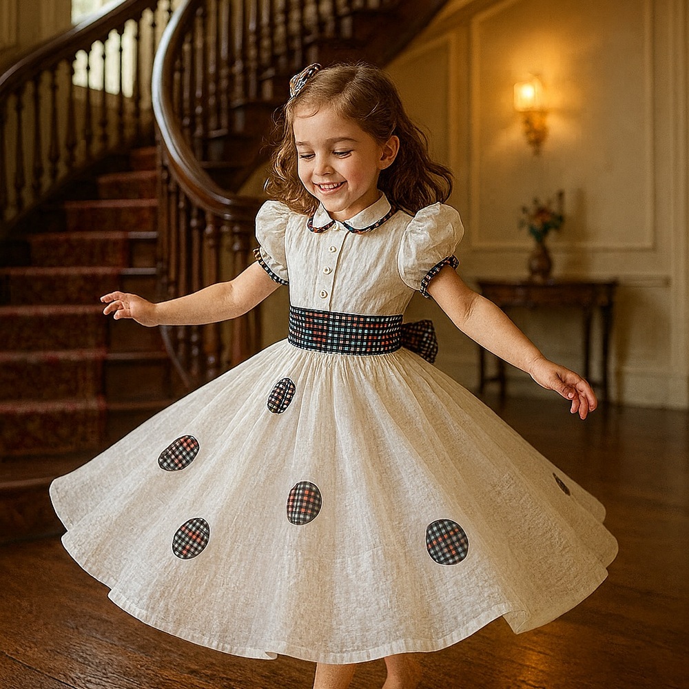 Charming White Dress with Plaid Polka Dots